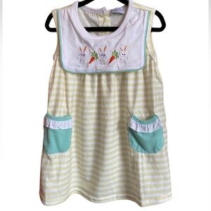 Abby & Evie Striped Dress  Bunny Embroidery Collar Ruffled Pockets NWT 12 months